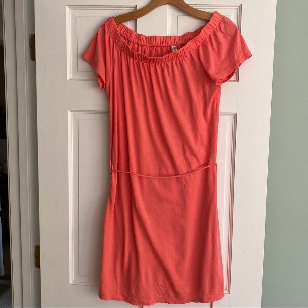 Coral T-Shirt Dress Off-Shoulder Boho Tie Medium